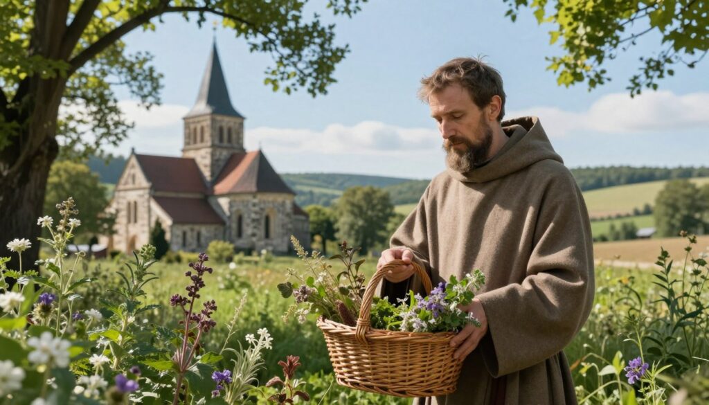 A Franciscan monk from Elbląg, depicted in a serene natural setting, surrounded by lush, green herbs and flowers. He wears traditional Franciscan robes in earthy tones, exuding a sense of calm and wisdom. The foreground features various medicinal plants and herbs collected in a wicker basket he holds gently. In the middle ground, a quaint stone monastery is visible, blending harmoniously with the surrounding landscape. Soft sunlight filters through the trees, casting dappled light on the scene, enhancing the peaceful atmosphere. The background should showcase rolling hills, with a clear blue sky overhead. The overall mood is tranquil and contemplative, inviting viewers to reflect on the theme of herbal healing and the monk's wisdom in herbal medicine.