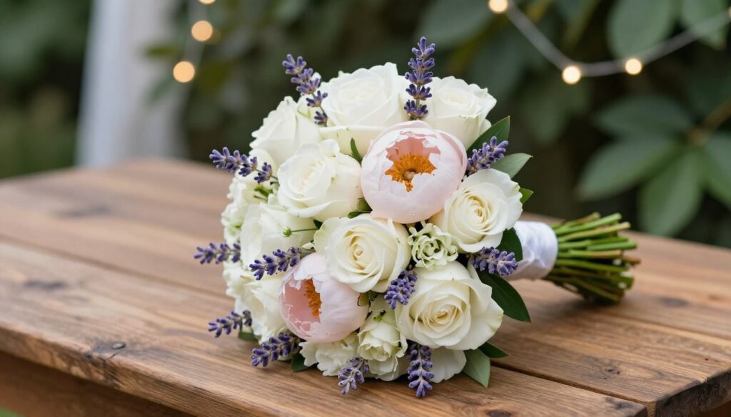 A beautiful bridal bouquet arranged with a variety of flowers, such as white roses symbolizing purity, vibrant peonies for prosperity, and delicate lavender for devotion. The bouquet is placed elegantly on a rustic wooden table, with soft, natural light highlighting the intricate details and textures of each flower petal. In the background, a blurred wedding setting showcases delicate decorations, such as lush greenery and fairy lights, creating a romantic and enchanting atmosphere. The focus is on the bouquet, captured from a slightly elevated angle, emphasizing its significance in the wedding tradition. The overall mood is serene and joyful, evoking a sense of love and celebration.