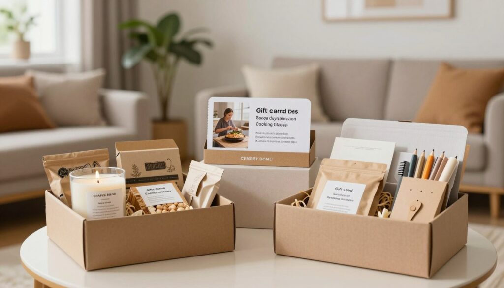 A beautifully arranged collection of alternative gift ideas for both men and women. In the foreground, a sustainable gift box filled with artisanal products, including handcrafted candles, gourmet snacks, and eco-friendly stationery. In the middle, a stylish gift card display featuring vouchers for experiences like spa days and cooking classes. The background shows a cozy, warmly lit living room setting with tasteful decorations, like plants and warm-toned furniture, creating an inviting atmosphere. Soft natural light filters through a window, enhancing a sense of warmth and creativity. The composition should have a balanced and harmonious feel, conveying the idea of thoughtful giving in a contemporary context.