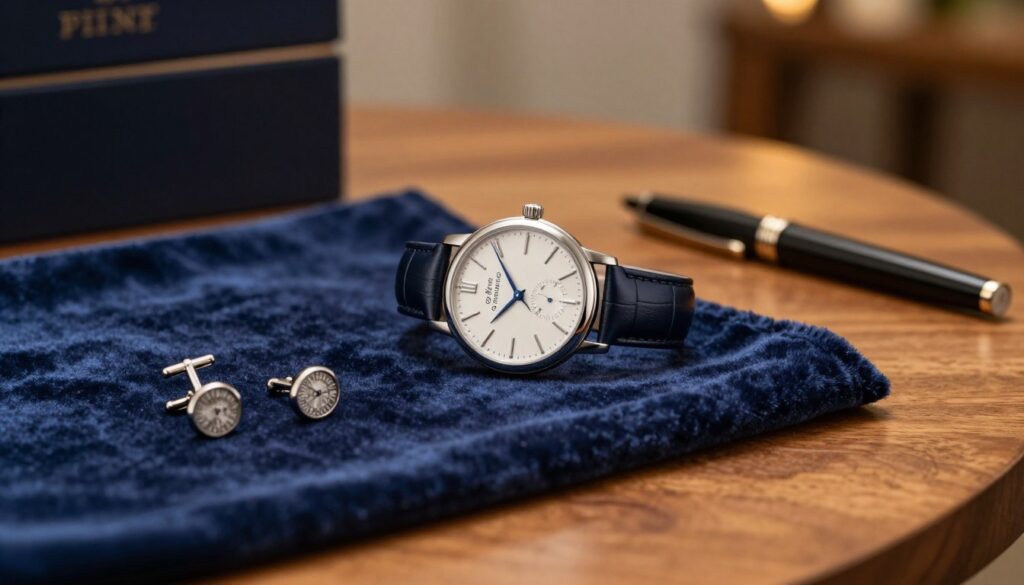 A beautifully arranged gift watch on a sleek wooden table. The watch, featuring an elegant stainless-steel design with a leather strap, is resting on a soft velvet cloth in rich navy blue. Surrounding it are small decorative items like a pair of elegant cufflinks and a stylish pen, creating a sophisticated atmosphere. The background showcases a softly lit interior, with warm ambient lighting that highlights the polished surface of the watch as well as the rich textures of the fabric. The scene exudes a mood of luxury and thoughtfulness, perfect for a thoughtful gift. The image captures an inviting close-up angle, emphasizing the delicate details of the watch. No text or branding is present, maintaining focus on the exquisite presentation of the watch as a perfect gift.