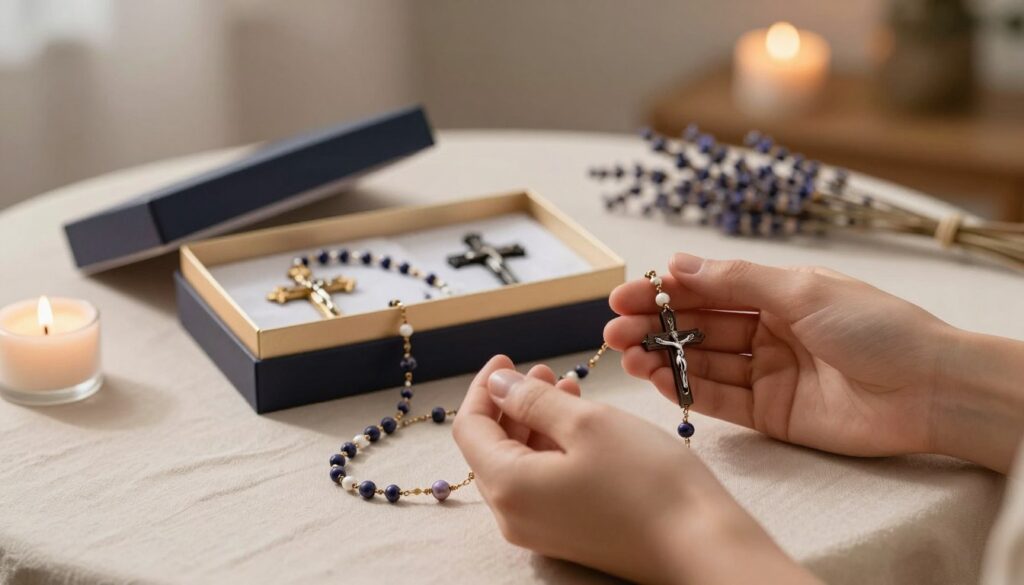 A beautifully arranged rosary gift, elegantly displayed on a soft, neutral fabric background. The foreground features a pair of delicate hands, gently holding the rosary, showcasing the intricate beads and crucifix in rich detail. In the middle ground, an open gift box reveals more rosaries, surrounded by subtle hints of dried lavender and small, shimmering candles, suggesting a serene and contemplative atmosphere. The background is a blurred, softly illuminated room with warm lighting that casts gentle shadows, creating a peaceful and reflective mood. The composition emphasizes the significance and care behind the act of giving a rosary, inviting viewers to ponder its deeper meanings and cultural associations.