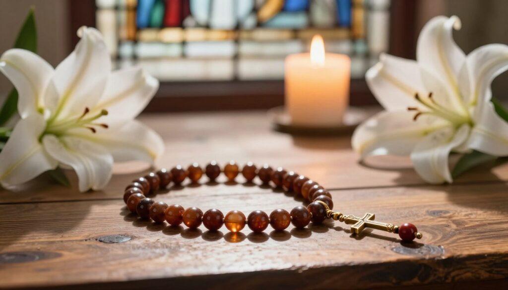 A beautifully crafted rosary lays on an antique wooden table, capturing the essence of spirituality and tradition. The beads, glowing softly with a rich, mahogany hue, are intricately detailed, reflecting light in a warm, inviting ambiance. In the foreground, fresh white lilies are gently placed beside the rosary, symbolizing purity and devotion. The middle ground features a softly blurred candle flickering, casting gentle shadows and enhancing the spiritual atmosphere. In the background, a stained glass window peeks through, its colors diffusing warm sunlight, adding an ethereal quality to the scene. The composition is natural and serene, with a focus on the significance of faith, evoking a sense of peace and contemplation. Shot with a shallow depth of field, the image captures the intimate connection between the rosary and its spiritual meaning, encouraging reflection on its importance.