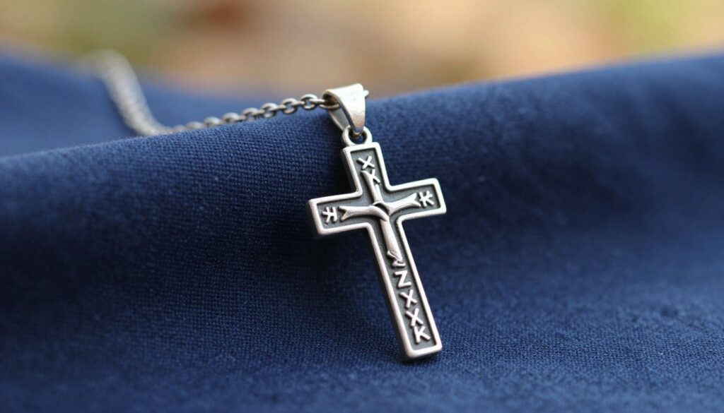 A beautifully crafted silver "krzyżyk" (cross) necklace hangs elegantly from a delicate chain, placed in the foreground. The cross features intricate engravings that symbolize personal beliefs and values, reflecting cultural significance. Soft, warm lighting enhances the metallic sheen, casting subtle shadows that highlight the craftsmanship. In the middle ground, a textured fabric in deep blue adds contrast, creating a serene and contemplative atmosphere. In the background, gently blurred nature tones suggest a peaceful outdoor setting, leaving the viewer with a sense of connection to spirituality. The composition should be captured at a slight angle to emphasize the necklace's features, inviting the viewer to consider the meaning behind this significant symbol.