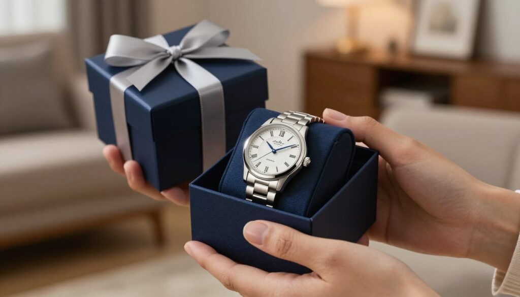A beautifully designed wristwatch presented as a gift, elegantly wrapped in deep blue satin with a delicate silver ribbon. In the foreground, focus on the intricate details of the watch face, showcasing a blend of classic and modern styles, with a silver band catching the light. In the middle ground, a pair of hands delicately holding the watch box, emphasizing the anticipation of giving and receiving a present. The background is softly blurred, featuring a cozy living room atmosphere with warm ambient lighting, perhaps hinting at a celebratory setting. The mood is thoughtful and slightly controversial, inviting curiosity about the cultural implications of gifting timepieces. The overall composition should evoke a sense of elegance, intrigue, and cultural significance.