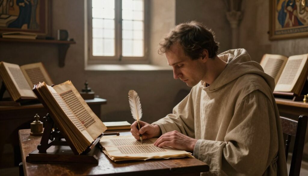 A beautifully illuminated 12th-century scriptorium, showcasing the act of writing sacred texts. In the foreground, a focused monk in simple, modest robes, diligently inscribing ancient manuscripts on a wooden desk, surrounded by parchment and quill pens. The middle ground features shelves filled with illuminated manuscripts, and an open window allowing soft, warm light to pour in, creating a serene and contemplative atmosphere. The background includes soft shadows of stone walls adorned with ecclesiastical artwork, hinting at a rich spiritual life. The overall mood evokes a sense of reverence and dedication, reflecting the essence of medieval spirituality and the importance of holy writings in that era. The image is captured with a warm, soft focus, highlighting the details of the scribe’s task and the textures of the manuscripts. A beautifully illuminated 12th-century scriptorium, showcasing the act of writing sacred texts. In the foreground, a focused monk in simple, modest robes, diligently inscribing ancient manuscripts on a wooden desk, surrounded by parchment and quill pens. The middle ground features shelves filled with illuminated manuscripts, and an open window allowing soft, warm light to pour in, creating a serene and contemplative atmosphere. The background includes soft shadows of stone walls adorned with ecclesiastical artwork, hinting at a rich spiritual life. The overall mood evokes a sense of reverence and dedication, reflecting the essence of medieval spirituality and the importance of holy writings in that era. The image is captured with a warm, soft focus, highlighting the details of the scribe’s task and the textures of the manuscripts.
