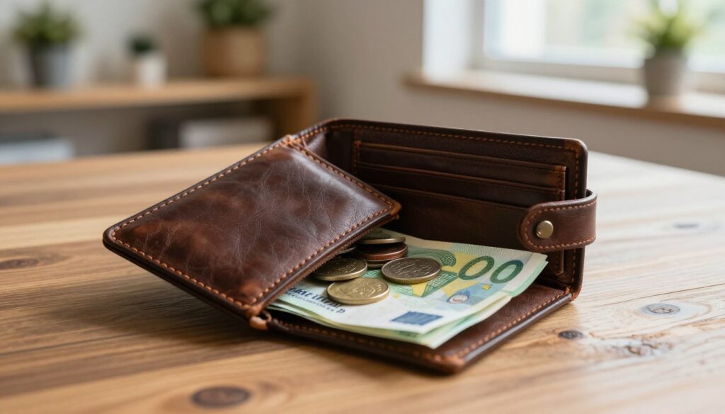 A beautifully organized leather wallet placed on a wooden table, opened slightly to reveal a few crisp banknotes and shiny coins nestled inside. The wallet is dark brown with intricate stitching, while the banknotes are in vibrant green and blue hues, glimmering under warm, soft natural light that filters through a nearby window. In the background, a blurred scene of a cozy, rustic room with light wooden shelves holding small potted plants adds depth. The image captures a sense of care and responsibility, symbolizing the importance of managing personal finances. The angle is slightly above the wallet, giving a clear view of its contents while maintaining an inviting atmosphere.