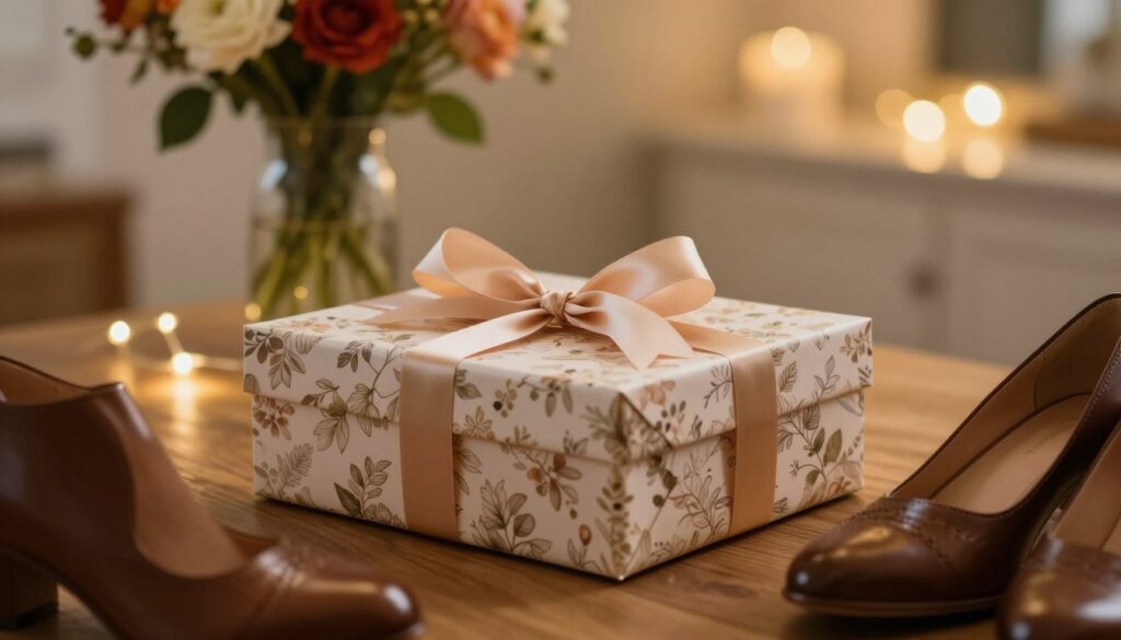 A beautifully wrapped gift box with an elegant ribbon, sitting on a wooden table in a softly lit room. The box is adorned with a delicate floral pattern, hinting at the special occasion it represents. In the foreground, a pair of exquisite shoes, crafted from high-quality leather, is partially visible, with their smooth finish catching the warm light. The middle ground features a faintly blurred vase of fresh flowers, adding a touch of color and vibrancy to the scene. In the background, soft-focus fairy lights create an inviting and celebratory atmosphere, enhancing the emotional significance of the gift. The overall mood is warm, heartfelt, and intimate, capturing the joy and emotions associated with giving and receiving shoes as a present.