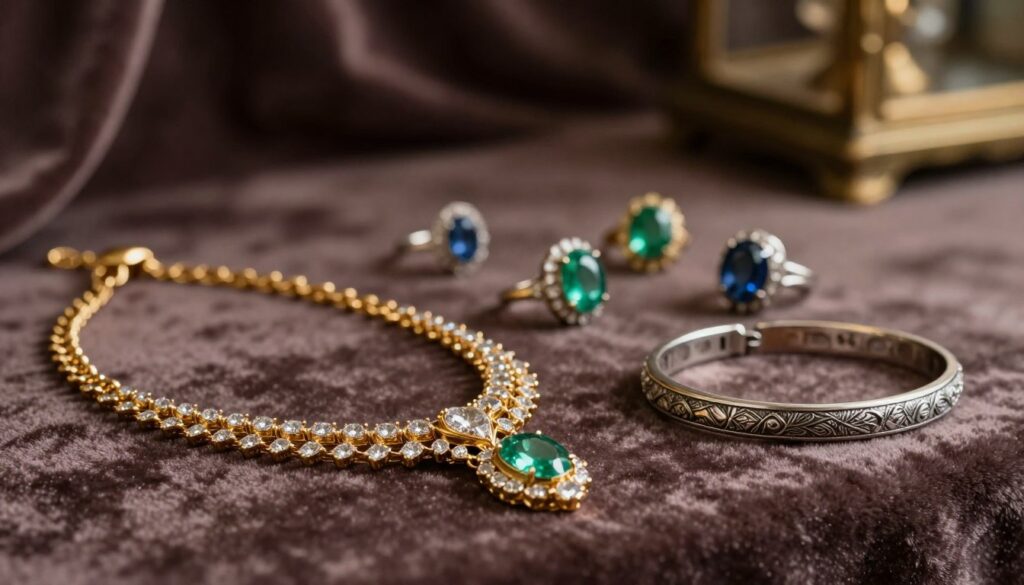 A captivating display of jewelry, showcasing an elegant array of gold and silver pieces intertwined with precious gemstones. In the foreground, a richly textured velvet cloth cradles a luxurious gold necklace adorned with sparkling diamonds, catching the light beautifully. Nearby, a delicate silver bracelet with intricate engravings glimmers softly. In the middle ground, a collection of rings featuring vibrant emeralds and sapphires is arranged artistically, hinting at the diversity of wealth and desire. The background fades gently into a softly lit space that conveys warmth, with subdued shadows enhancing the rich details of the jewelry. The atmosphere is both introspective and exquisite, inviting the viewer to contemplate the psychological significance of these adornments. The lighting is soft and diffused, giving an ethereal glow to the scene, as if the jewels possess deeper meanings rooted in dream interpretation.