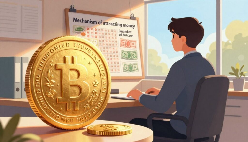 A captivating illustration of the "mechanism of attracting money," set in a serene office environment. In the foreground, a large, ornate golden coin glimmers under soft, warm light, symbolizing wealth and abundance. In the middle ground, a person in professional business attire sits at a desk, gazing thoughtfully at a vision board filled with images of lotto tickets, cash, and affirmations about success. Behind them, a window reveals a bright blue sky and sunlit trees, creating an uplifting atmosphere. The lighting is gentle and encouraging, casting soft shadows that enhance the ambiance of hope and positivity. This image should evoke feelings of motivation and the power of positive thinking, blending rich colors with an inspiring mood. A captivating illustration of the "mechanism of attracting money," set in a serene office environment. In the foreground, a large, ornate golden coin glimmers under soft, warm light, symbolizing wealth and abundance. In the middle ground, a person in professional business attire sits at a desk, gazing thoughtfully at a vision board filled with images of lotto tickets, cash, and affirmations about success. Behind them, a window reveals a bright blue sky and sunlit trees, creating an uplifting atmosphere. The lighting is gentle and encouraging, casting soft shadows that enhance the ambiance of hope and positivity. This image should evoke feelings of motivation and the power of positive thinking, blending rich colors with an inspiring mood.