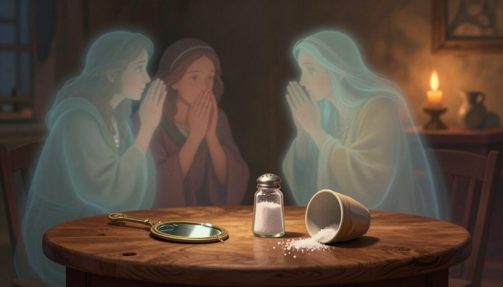 A captivating illustration showcasing the symbolism of various objects in folklore beliefs. In the foreground, a wooden table holds an assortment of everyday items such as a broken mirror, a spilled salt shaker, and an overturned cup, arranged thoughtfully to evoke curiosity. The middle ground features ethereal ghostly images of historical figures whispering wisdom, with soft, glowing auras around them. In the background, a dimly lit room with shadowy corners creates a mysterious ambiance, illuminated by flickering candlelight casting dancing shadows. The overall mood is both intriguing and contemplative, evoking a sense of wonder about the hidden meanings behind these objects. The image should be rendered in rich, warm colors, with soft focus and a slight vignette to draw the viewer's eye to the centerpiece.