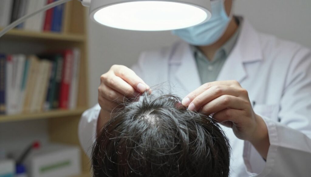 A clinical examination of plica polonica, known as 'polish knotted hair,' showcased in a medical setting. In the foreground, a close-up view of a patient's hair, intricately tangled and appearing matted with visible texture, illustrating the medical condition. The middle ground features a healthcare professional, dressed in a white lab coat and modest attire, gently examining the hair with a clinical light source overhead, illuminating the subject. The background includes shelves filled with medical textbooks and tools, reinforcing the scientific context. Soft, diffused lighting creates a calm atmosphere, enhancing the focus on the examination. The atmosphere is serious yet compassionate, emphasizing a medical perspective on this historical condition.
