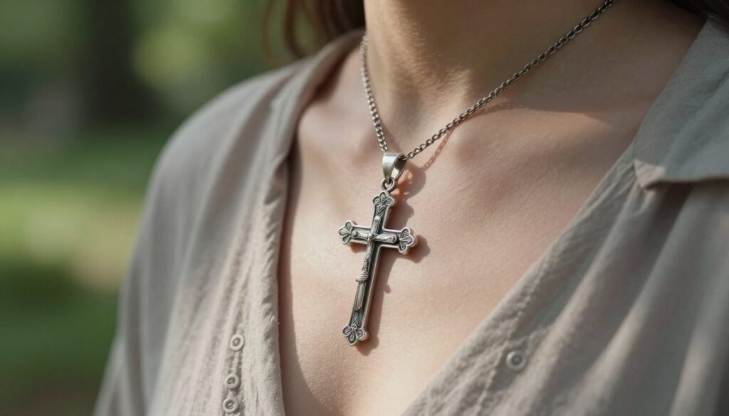 A close-up image featuring a beautifully crafted silver cross pendant, capturing intricate details of its design, hanging from an elegant chain around a person's neck. The person, dressed in modest casual clothing, can be seen from the shoulders up, with soft, natural lighting emphasizing the glimmer of the silver against their skin. In the background, a serene, blurred garden setting adds to the spiritual ambiance, surrounded by soft green foliage. The overall mood is reflective and contemplative, highlighting the symbolism of the cross as a protective talisman. The composition should evoke a sense of tradition and belief, grounded in cultural practices, as sunlight gently filters through the trees, casting delicate shadows.