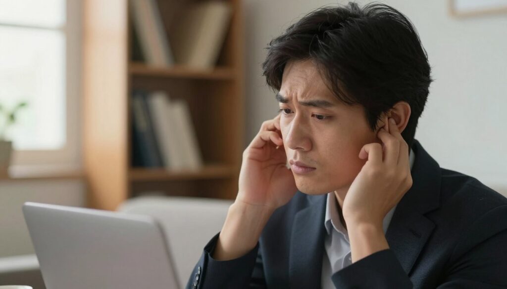 A close-up of a person sitting in a serene, softly lit room, gently holding their left ear with a thoughtful expression, symbolizing the feeling of ringing in their ear. In the foreground, highlight the person's hand delicately touching the ear, showcasing a subtle hint of concern and curiosity. The middle ground features a blurred bookshelf filled with various books, suggesting a nurturing environment for intuition and self-exploration. In the background, a window allows warm light to filter in, casting a gentle glow that creates an introspective atmosphere. The person, dressed in professional business attire, reflects contemplation and intuition, inviting viewers to ponder the interpretation of bodily signals. The overall mood is calm and introspective, encouraging connection with one's inner thoughts. A close-up of a person sitting in a serene, softly lit room, gently holding their left ear with a thoughtful expression, symbolizing the feeling of ringing in their ear. In the foreground, highlight the person's hand delicately touching the ear, showcasing a subtle hint of concern and curiosity. The middle ground features a blurred bookshelf filled with various books, suggesting a nurturing environment for intuition and self-exploration. In the background, a window allows warm light to filter in, casting a gentle glow that creates an introspective atmosphere. The person, dressed in professional business attire, reflects contemplation and intuition, inviting viewers to ponder the interpretation of bodily signals. The overall mood is calm and introspective, encouraging connection with one's inner thoughts.