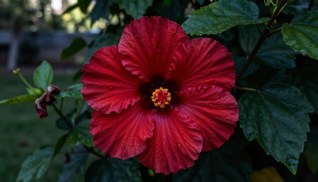 A close-up of a vibrant hibiscus flower, known as "róża chińska," displaying intricate details of its deep red petals with a textured surface. Surround the flower with lush green leaves, some slightly wilted to reflect the idea of misfortune associated with the plant. In the background, a blurred garden setting hints at both beauty and gloom, with soft, diffused sunlight filtering through. Capture this scene from a slightly elevated angle to emphasize the flower's prominence while allowing the foliage to frame the composition. The overall mood should evoke a sense of mystery and intrigue, hinting at the cultural superstitions that give hibiscus its darker reputation.