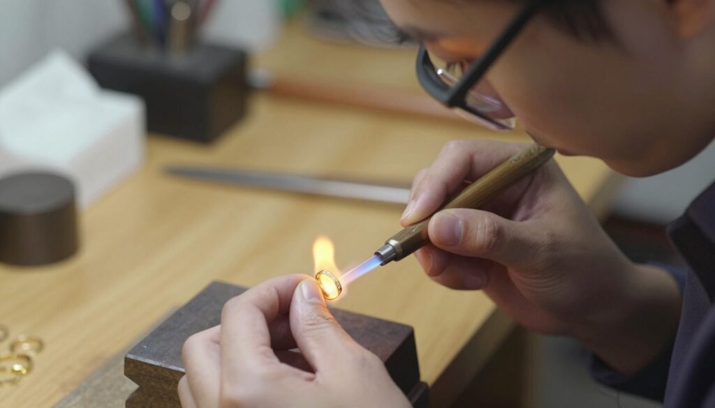 A close-up scene of a skilled jeweler carefully melting a wedding ring, showcasing intricate details and textures of the gold as it transforms in a small, delicate flame. In the foreground, the jeweler, dressed in professional attire, wears protective goggles, concentrating on the process. The background should feature a well-lit workshop with various tools and equipment, creating an atmosphere of craftsmanship and dedication. Soft, warm lighting emphasizes the glow of the molten metal and the focus on the hands at work, capturing the emotion of remaking a treasured family heirloom into a new symbol of love. The overall mood is reflective and intimate, celebrating the transformation of a cherished item.