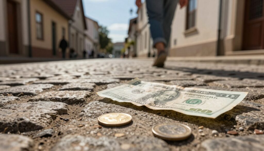 A close-up view of a worn, cobblestone street, where a shiny coin and a crumpled banknote rest on the ground, capturing the essence of superstitions surrounding money. In the foreground, the coin glimmers brightly in soft, warm sunlight, while the banknote is partially shadowed, hinting at secrets and stories of luck. The middle ground features a lightly blurred pedestrian walking past, dressed in modest casual clothing, emphasizing the everyday life surrounding these financial symbols. In the background, quaint, rustic buildings line the street, under a clear blue sky, evoking a sense of tradition and history. The atmosphere is serene and contemplative, fostering reflections on the beliefs associated with finding money. Soft depth of field to focus on the foreground elements.