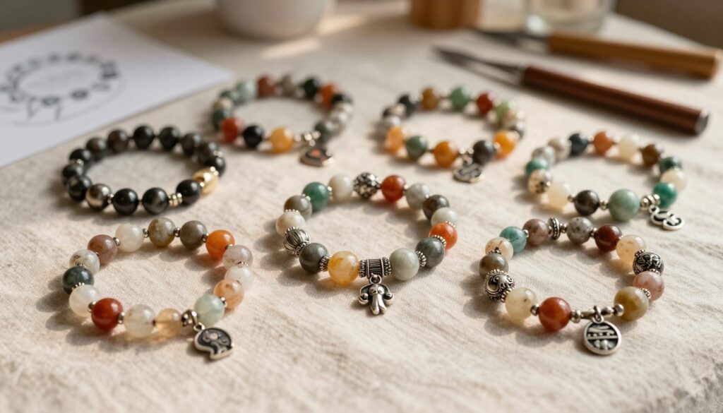 A collection of unique bracelet designs featuring unusual motifs and charms, placed on a soft, textured fabric background that enhances their colors. The foreground showcases a vibrant mix of materials, including beads made from natural stones, intricate metalwork, and whimsical charms shaped like dreams and aspirations. In the middle ground, subtle hints of jewelry-making tools and sketches can be seen, creating an artistic workspace atmosphere. The background is softly blurred, illuminated by warm, natural light that casts gentle shadows, evoking a sense of creativity and inspiration. The mood is contemplative and imaginative, reflecting the symbolism of dreams, connections, and promises in the design of these extraordinary accessories. A collection of unique bracelet designs featuring unusual motifs and charms, placed on a soft, textured fabric background that enhances their colors. The foreground showcases a vibrant mix of materials, including beads made from natural stones, intricate metalwork, and whimsical charms shaped like dreams and aspirations. In the middle ground, subtle hints of jewelry-making tools and sketches can be seen, creating an artistic workspace atmosphere. The background is softly blurred, illuminated by warm, natural light that casts gentle shadows, evoking a sense of creativity and inspiration. The mood is contemplative and imaginative, reflecting the symbolism of dreams, connections, and promises in the design of these extraordinary accessories.