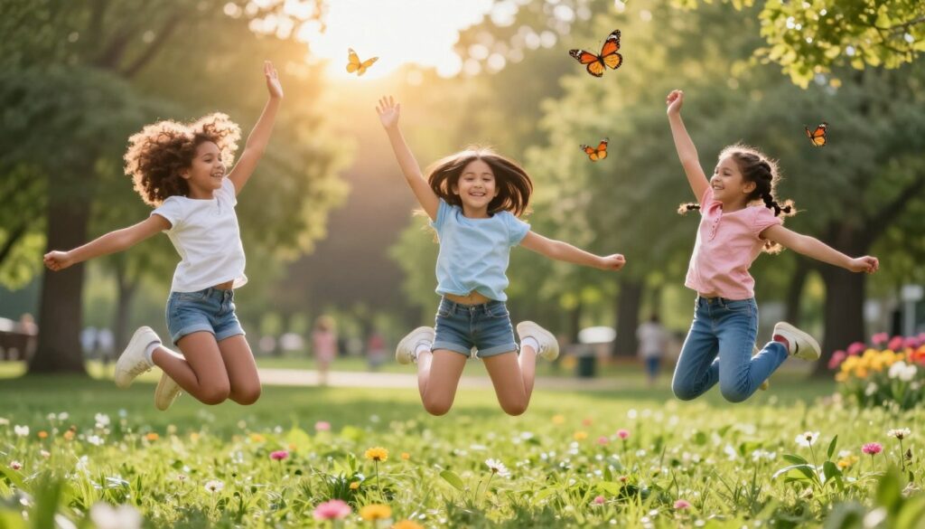 A colorful and inspiring scene of young girls from diverse backgrounds engaged in empowering activities. In the foreground, three girls—one with curly hair, another with straight black hair, and the third with braids—are joyfully jumping in a lush green park, all wearing casual yet modest clothing. In the middle ground, a bright sun is shining, casting warm, golden light, while butterflies flutter around, adding to the cheerful atmosphere. The background showcases soft, blurred trees and flowers in vibrant colors, creating a serene and uplifting environment. The overall mood is joyful and supportive, embodying themes of courage, self-worth, and independence, ideal for illustrating affirmations for girls.