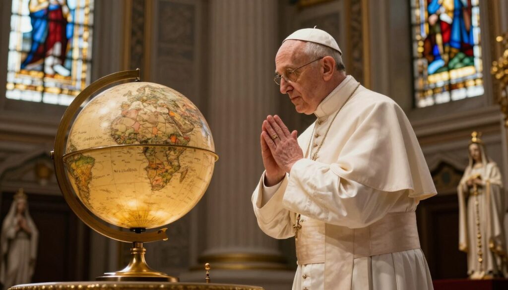A composition center stage of a thoughtful pope in traditional papal attire, standing in a grand, richly decorated Vatican setting. He gazes pensively at an illuminated globe that reflects the themes of peace and prophecy. In the background, soft, golden light filters through intricate stained glass windows, casting warm hues that evoke a serene and contemplative atmosphere. Surrounding the pope are symbolic elements like a rosary and the Fatima statue, subtly integrated into the scene to represent the connection to the Fatima messages. The angle is slightly low, enhancing the pope's stature and importance in the interpretation of these prophetic messages. The image should evoke a sense of reverence and contemplation, ideal for discussing the role of popes in interpreting the messages of Fatima.