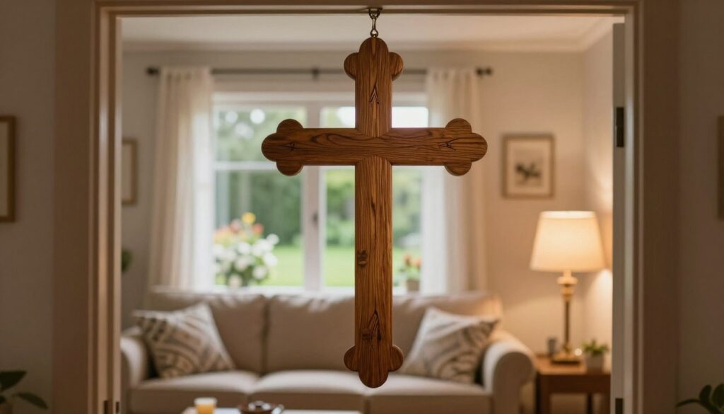 A cozy interior of a family home, featuring a beautifully crafted wooden cross prominently displayed above a door. The cross is intricately designed, with subtle carvings that reflect religious significance. In the foreground, soft, warm light emanates from a nearby lamp, creating a welcoming atmosphere. The middle ground shows soft furnishings, like a plush sofa and decorative cushions, which enhance the sense of comfort and safety. In the background, a softly lit window reveals a peaceful garden scene, with natural light filtering through sheer curtains. The overall mood is serene and reflective, symbolizing faith and protection within the home, evoking a sense of community and shared beliefs. The image captures a moment of tranquility and reverence, suitable for discussing the influence of religious symbols on community identity. A cozy interior of a family home, featuring a beautifully crafted wooden cross prominently displayed above a door. The cross is intricately designed, with subtle carvings that reflect religious significance. In the foreground, soft, warm light emanates from a nearby lamp, creating a welcoming atmosphere. The middle ground shows soft furnishings, like a plush sofa and decorative cushions, which enhance the sense of comfort and safety. In the background, a softly lit window reveals a peaceful garden scene, with natural light filtering through sheer curtains. The overall mood is serene and reflective, symbolizing faith and protection within the home, evoking a sense of community and shared beliefs. The image captures a moment of tranquility and reverence, suitable for discussing the influence of religious symbols on community identity.