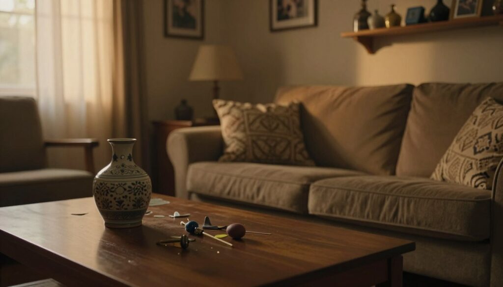 A cozy living room setting, softly illuminated by warm, ambient light filtering through sheer curtains. In the foreground, a decorative ceramic vase rests on a coffee table, with a few delicate items scattered around that seem to have just fallen to the floor. The middle ground features a plush sofa with patterned cushions, enhancing the homey atmosphere. In the background, a wall adorned with framed photographs and a shelf displaying various trinkets, hinting at a lived-in space. The mood is slightly eerie but inviting, suggesting the superstitions around falling objects. The scene is captured with a shallow depth of field, drawing focus to the fallen items while maintaining a sense of the entire room's warmth.