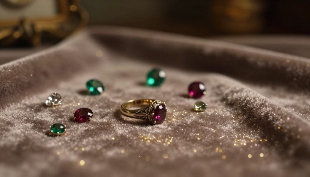 A delicate, lost piece of jewelry lies abandoned on a soft velvet fabric, with shimmering gold and silver reflecting faint glimmers of light. The foreground features an ornate, vintage ring with intricate designs, partially buried in the fabric, symbolizing loss and the passage of time. In the middle ground, scattered gemstones in rich colors—emerald, ruby, and sapphire—are interspersed, showcasing their beauty yet hinting at their absence from a beloved collection. The background is softly blurred, portraying a dimly lit room, enhancing the mood of nostalgia and unease. The lighting is warm, with gentle highlights that create a subtle contrast, inviting viewers to ponder the emotional implications of losing treasured items. The overall atmosphere is one of reflection and somber beauty, perfect for conveying the theme of warning.