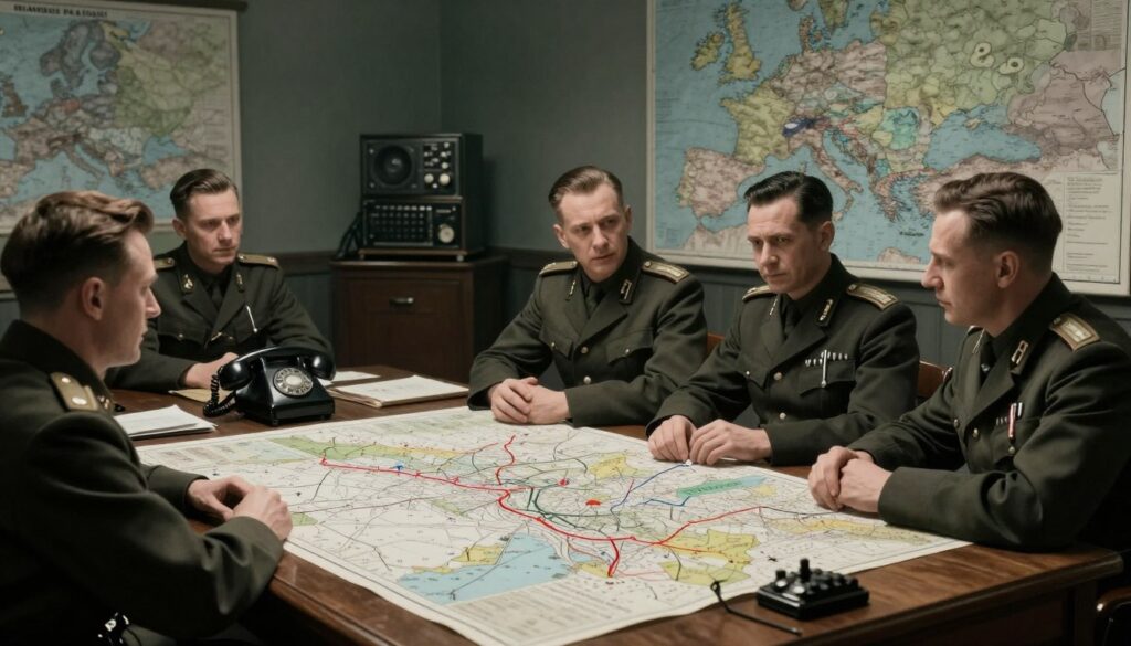 A detailed illustration of the military plans of the Warsaw Pact, set during the Cold War. In the foreground, several maps and blueprints spread across a large wooden conference table, revealing strategic military maneuvers and troop deployments. A vintage style military general in professional attire is intently discussing the plans with officers in dark uniforms, their expressions serious. The middle ground features a dimly lit war room filled with large maps on the walls, showcasing different regions of Europe with highlighted zones representing tension. The background depicts a vintage communication setup with telephones and old technology, evoking a historical atmosphere. Soft, dramatic lighting casts shadows, enhancing the tense mood of military strategy during a critical moment of the Cold War. The overall color palette is muted with shades of green and gray, emphasizing a somber military theme.