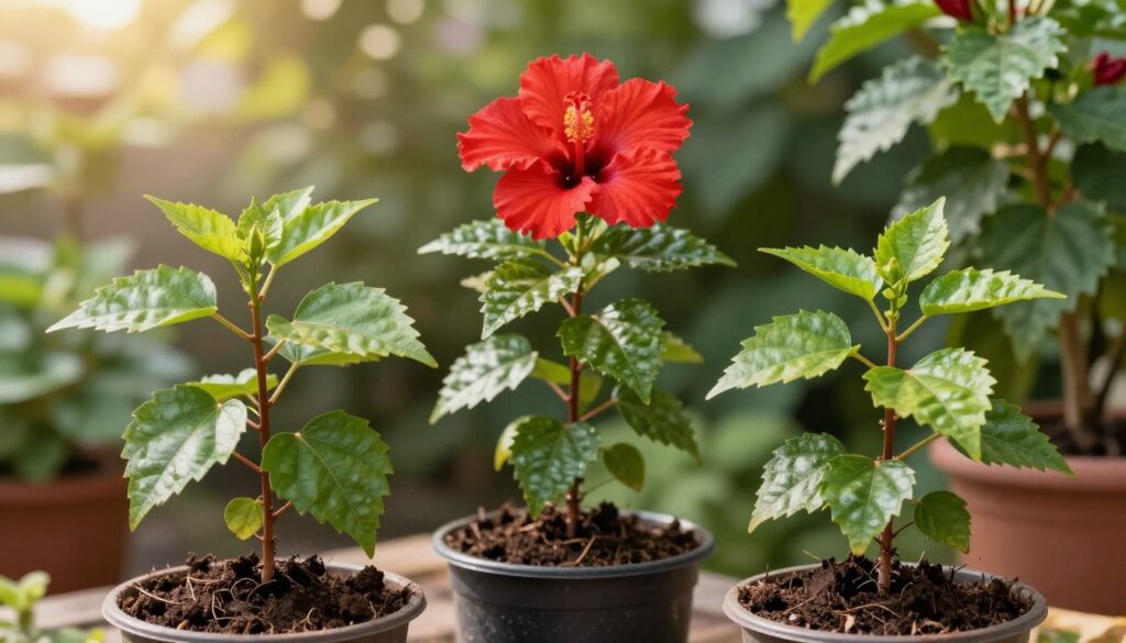 A detailed view of a hibiscus plant showcasing various methods of propagation. In the foreground, healthy hibiscus cuttings with vibrant green leaves are placed in pots filled with rich soil, demonstrating a cuttings method. In the middle, a hibiscus bush is shown with blooming red flowers, illustrating the natural beauty of the plant. The background features a soft-focus garden scene with dappled sunlight filtering through leaves, enhancing the serene atmosphere. The lighting is warm and inviting, perfect for a botanical setting. Use a close-up angle to emphasize the details of leaves and cuttings, capturing a sense of growth and cultivation in an artistic yet informative manner.