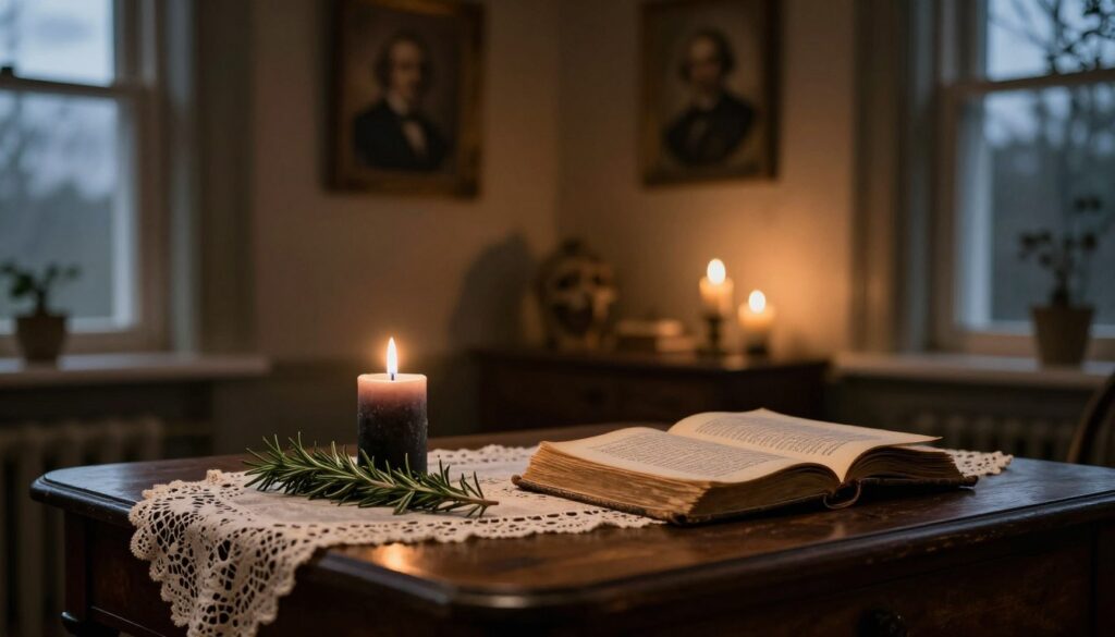 A dimly lit room with a heavy, antique wooden table in the foreground, adorned with a delicate lace tablecloth. On the table, a collection of traditional items representing superstitions about death on Saturdays: a black candle, a sprig of rosemary, and an open weathered book of folklore. In the middle ground, soft shadows dance across the walls, adorned with vintage portraits and flickering candles that create an eerie yet contemplative atmosphere. The background features a softly illuminated window, revealing a cloudy, twilight sky outside, hinting at the passage of time. The scene evokes a sense of mystery and reflection, capturing the conflict between modern life and ancient beliefs. Use soft, warm lighting, and a slightly blurred, cinematic focus to enhance the mood.