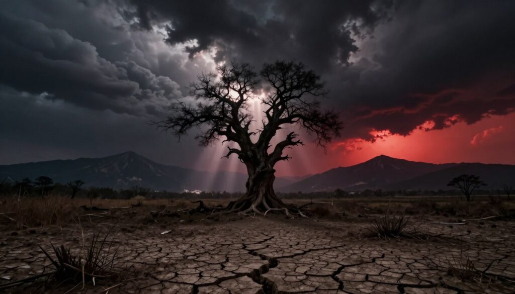 A dramatic landscape depicting the signs of the apocalypse inspired by the prophecies of Michalda. In the foreground, a cracked earth with dried, lifeless vegetation, contrasting against dark, swirling storm clouds overhead. In the middle ground, a solitary ancient tree stands, its branches twisting like fingers towards the sky, silhouetted against the eerie light. In the background, shadowy mountains loom beneath a crimson-tinted sky, enhancing the foreboding atmosphere. Rays of otherworldly light break through the clouds, illuminating the scene with an ethereal glow. The overall mood is tense and haunting, capturing the essence of prophecy and impending doom. Use a wide-angle lens to emphasize the vastness of the landscape and create a dramatic perspective, with balanced lighting that highlights the stark contrasts. A dramatic landscape depicting the signs of the apocalypse inspired by the prophecies of Michalda. In the foreground, a cracked earth with dried, lifeless vegetation, contrasting against dark, swirling storm clouds overhead. In the middle ground, a solitary ancient tree stands, its branches twisting like fingers towards the sky, silhouetted against the eerie light. In the background, shadowy mountains loom beneath a crimson-tinted sky, enhancing the foreboding atmosphere. Rays of otherworldly light break through the clouds, illuminating the scene with an ethereal glow. The overall mood is tense and haunting, capturing the essence of prophecy and impending doom. Use a wide-angle lens to emphasize the vastness of the landscape and create a dramatic perspective, with balanced lighting that highlights the stark contrasts.