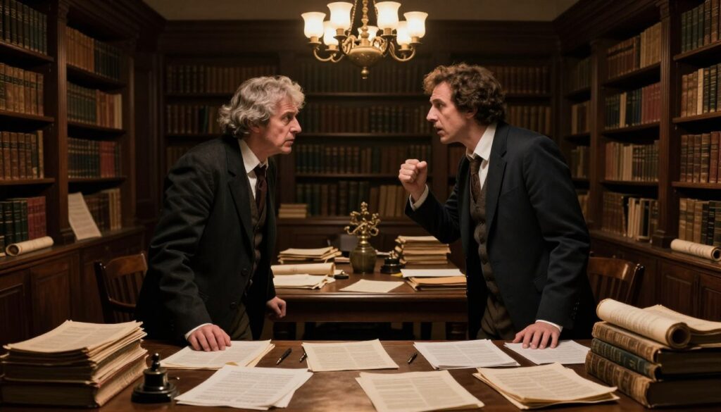 A dramatic scene depicting a heated intellectual debate over authorship and authenticity, set in a dimly lit, classic library filled with ancient books and scrolls. In the foreground, two scholars in professional attire stand facing each other, their expressions intense and passionate, surrounded by piles of manuscripts and historical artifacts. The middle ground features a large wooden table cluttered with documents and writings, illuminated by soft, warm light from a chandelier overhead. The background reveals tall, dark bookshelves lined with old tomes, casting long shadows that enhance the atmosphere of suspense and scholarly tension. The overall mood is one of urgency and conflict, capturing the essence of a pivotal moment in the discourse on authorship and authenticity.