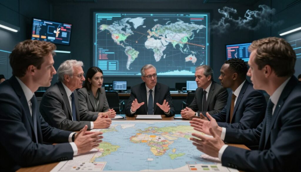 A dramatic scene depicting the genesis of visions concerning global conflict. In the foreground, a group of diverse figures in professional business attire, deep in discussion, gestures animatedly over a large, detailed map showcasing potential conflict zones. In the middle ground, a large table featuring holographic projections of military strategies and world maps, while shadows of ominous clouds gather overhead. The background features a dimly lit war room with high-tech monitors displaying global news and alerts. Soft, focused lighting highlights the intensity of the faces, conveying a sense of urgency and tension. The atmosphere is charged, reflecting a blend of anxiety and determination, set in a contemporary, high-stakes environment.