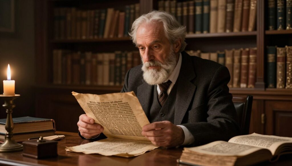 A dramatic scene featuring a distinguished scholar in a library, surrounded by ancient manuscripts and religious texts, symbolizing the quest for the truth behind the authenticity of the Malachias prophecy. The scholar, in professional attire, examines a weathered document on a wooden table, his expression a mix of contemplation and skepticism. The background reveals towering shelves filled with books and flickering candlelight casting long shadows, creating an atmosphere of mystery and academia. Soft, warm lighting illuminates the scene, focusing on the scholar and the document with a shallow depth of field, while the blurred background adds to the sense of historical intrigue, evoking a mood of scholarly debate and controversy surrounding the ancient prophecy.
