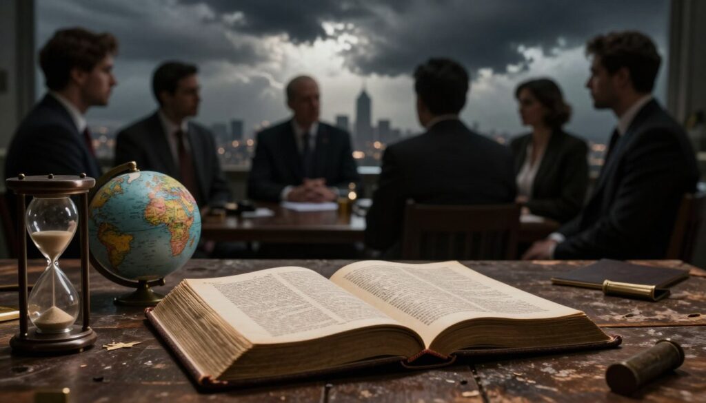 A dramatic scene symbolizing the "signs of the times" related to global conflict and prophecy. In the foreground, an ancient open Bible lies upon a weathered table, illuminated by soft, warm lighting to create a reverent atmosphere. Surrounding the Bible, scattered items include an hourglass symbolizing the passage of time and a globe showing various geopolitical hotspots. In the middle ground, shadowy figures in professional attire gather in discussion, their expressions serious and contemplative, symbolizing the urgency of interpreting prophetic signs. In the background, stormy clouds gather, suggesting a brewing conflict, while distant silhouettes of city skylines hint at the global scale of the events. The overall mood is tense and thought-provoking, inviting viewers to reflect on the implications of prophecy in contemporary times. A dramatic scene symbolizing the "signs of the times" related to global conflict and prophecy. In the foreground, an ancient open Bible lies upon a weathered table, illuminated by soft, warm lighting to create a reverent atmosphere. Surrounding the Bible, scattered items include an hourglass symbolizing the passage of time and a globe showing various geopolitical hotspots. In the middle ground, shadowy figures in professional attire gather in discussion, their expressions serious and contemplative, symbolizing the urgency of interpreting prophetic signs. In the background, stormy clouds gather, suggesting a brewing conflict, while distant silhouettes of city skylines hint at the global scale of the events. The overall mood is tense and thought-provoking, inviting viewers to reflect on the implications of prophecy in contemporary times.