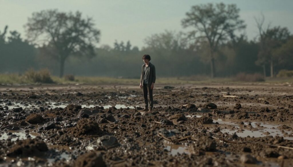 A dreamlike landscape depicting the psychological themes of mud in dreams. In the foreground, a textured, muddy surface with deep, dark brown and earthy tones, suggesting chaos and obstacles. In the middle ground, a human figure dressed in modest casual clothing, standing contemplatively at the edge of the mud, symbolizing vulnerability and introspection. The background features blurred, shadowy trees and abstract shapes that reflect confusion and a sense of being lost. Soft, diffused lighting casts a tranquil yet unsettling atmosphere, creating a contrast between serenity and turmoil. The overall mood evokes a feeling of deep reflection on the subconscious mind, emphasizing the emotional weight of chaotic dreams involving mud. A dreamlike landscape depicting the psychological themes of mud in dreams. In the foreground, a textured, muddy surface with deep, dark brown and earthy tones, suggesting chaos and obstacles. In the middle ground, a human figure dressed in modest casual clothing, standing contemplatively at the edge of the mud, symbolizing vulnerability and introspection. The background features blurred, shadowy trees and abstract shapes that reflect confusion and a sense of being lost. Soft, diffused lighting casts a tranquil yet unsettling atmosphere, creating a contrast between serenity and turmoil. The overall mood evokes a feeling of deep reflection on the subconscious mind, emphasizing the emotional weight of chaotic dreams involving mud.