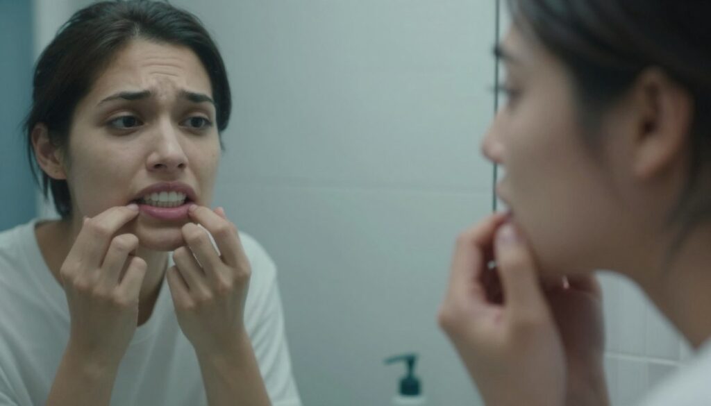 A dreamlike scene depicting a person anxiously examining their teeth in a bathroom mirror, focusing on their gleaming, white teeth that contrast with subtle imperfections suggesting underlying worry. The foreground features a close-up of the person's face, showing concern and contemplation, with soft, diffused lighting creating a serene yet tense mood. The middle ground includes the mirror reflecting the person's expression, enhancing the sense of introspection. The background is softly blurred, hinting at a dimly lit, inviting bathroom ambiance. The overall atmosphere should evoke a sense of quiet unease and reflection, with a color palette of muted blues and whites to emphasize the dreamy quality of the moment.