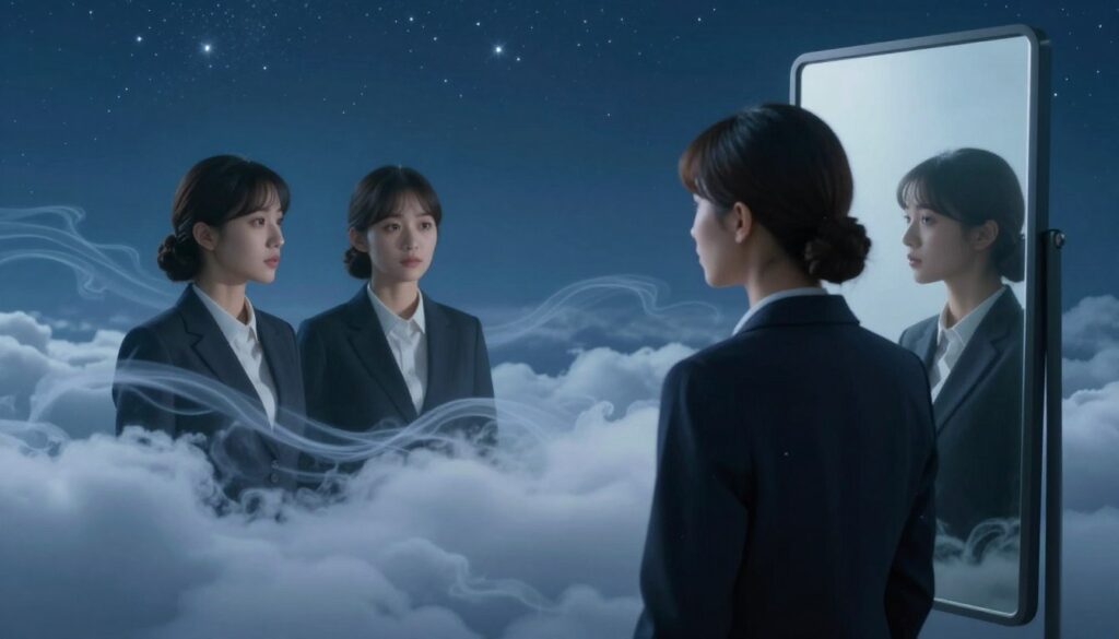 A dreamlike scene depicting the psychological aspects of duality in dreams. In the foreground, a serene figure in professional attire stands contemplatively, gazing into the mirror, which reflects two identical images of themselves, symbolizing the concept of twins and duality. In the middle ground, gently swirling clouds represent thoughts and emotions, with ethereal wisps conveying a sense of introspection. The background features a tranquil night sky filled with soft stars, illuminating the scene with a calming blue hue. The overall mood is reflective and serene, evoking a sense of mystery and depth in understanding sleep and dreams. The lighting is soft and ambient, casting gentle shadows to enhance the dreamlike atmosphere. The angle captures both the figure and the mirror, inviting the viewer to explore the complexities of the mind.