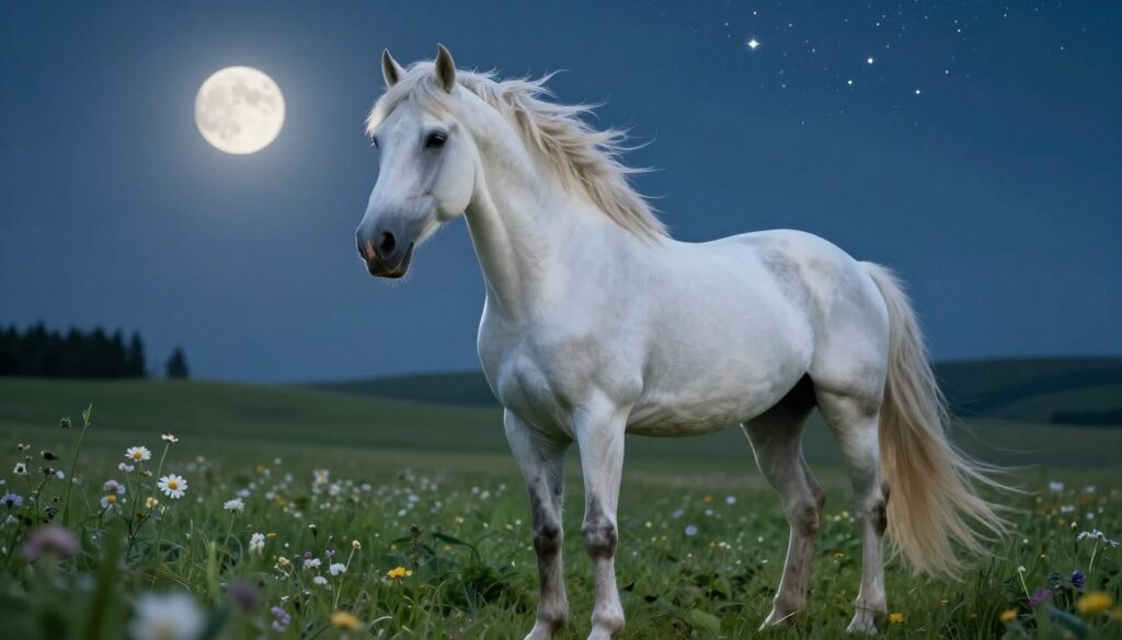 A dreamlike scene featuring a majestic white horse illuminated by soft moonlight, symbolizing freedom and strength. The foreground showcases the horse standing on a lush green meadow, its flowing mane gently swaying in the night breeze. In the middle ground, delicate flowers bloom, enhancing the ethereal quality of the setting. The background reveals a tranquil night sky filled with shimmering stars, casting a serene glow over the landscape. Capture the moment from a low angle to emphasize the horse’s grace and power, with a soft focus on the surrounding elements to create a dreamlike atmosphere. The mood is calm and hopeful, reflecting the significance of the white horse in dream interpretation.