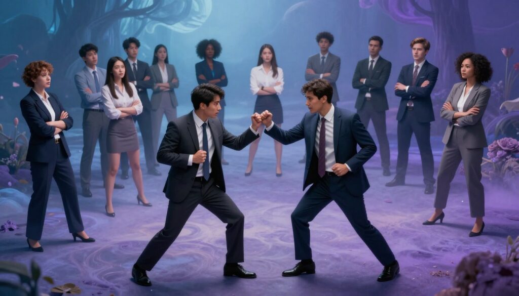 A dreamscape depicting participants in a surreal fight, showcasing varied emotions of conflict and resolution. In the foreground, two figures in professional business attire engage in a dynamic spar, their expressions conveying determination and intensity. The middle layer features a diverse group of observers, illustrating a range of reactions from concern to intrigue, adding depth to the analysis of their roles within the dream. The background is a dream-like landscape, with soft, swirling colors that create an ethereal atmosphere, blending hues of blue and purple, signifying the subconscious. Soft lighting enhances the surreal qualities, casting gentle shadows and emphasizing the dreamlike quality of the scene. The angle is slightly elevated, offering an immersive view of the unfolding drama without any text, logos, or distractions. A dreamscape depicting participants in a surreal fight, showcasing varied emotions of conflict and resolution. In the foreground, two figures in professional business attire engage in a dynamic spar, their expressions conveying determination and intensity. The middle layer features a diverse group of observers, illustrating a range of reactions from concern to intrigue, adding depth to the analysis of their roles within the dream. The background is a dream-like landscape, with soft, swirling colors that create an ethereal atmosphere, blending hues of blue and purple, signifying the subconscious. Soft lighting enhances the surreal qualities, casting gentle shadows and emphasizing the dreamlike quality of the scene. The angle is slightly elevated, offering an immersive view of the unfolding drama without any text, logos, or distractions.