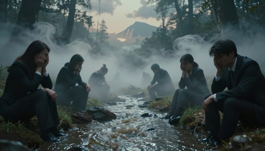 A dreamscape illustrating the emotions within dreams, blending surreal and abstract elements. In the foreground, a gentle stream of murky water flows, symbolizing chaos and difficult emotions. Surrounding the stream are shadowy figures in professional attire, expressing a range of emotions from anxiety to introspection, their faces partially obscured by mist. In the middle ground, ethereal clouds swirl, reflecting nuances of unease, while faint silhouettes of dream-like landscapes, such as distant mountains and dark forests, loom in the background. Soft, ambient lighting highlights the contrast between the murky water and ethereal surroundings, creating a moody atmosphere that evokes a sense of inner turmoil. Use a wide-angle lens to enhance the dreamlike quality of the scene, focusing on depth and emotive expression. A dreamscape illustrating the emotions within dreams, blending surreal and abstract elements. In the foreground, a gentle stream of murky water flows, symbolizing chaos and difficult emotions. Surrounding the stream are shadowy figures in professional attire, expressing a range of emotions from anxiety to introspection, their faces partially obscured by mist. In the middle ground, ethereal clouds swirl, reflecting nuances of unease, while faint silhouettes of dream-like landscapes, such as distant mountains and dark forests, loom in the background. Soft, ambient lighting highlights the contrast between the murky water and ethereal surroundings, creating a moody atmosphere that evokes a sense of inner turmoil. Use a wide-angle lens to enhance the dreamlike quality of the scene, focusing on depth and emotive expression.