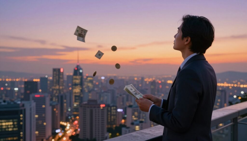 A dynamic scene depicting a person standing on an elevated viewpoint, looking out over a sprawling cityscape filled with tall buildings and bright lights that symbolize financial opportunity. In the foreground, the individual, dressed in smart business attire, holds a handful of banknotes and gazes upward as if envisioning success. The middle ground features abstract representations of money, such as floating coins and bills, subtly suggesting the potential of a winning lottery ticket. The background showcases a sunset sky, blending warm hues of orange and purple, creating an uplifting and hopeful atmosphere. Soft lighting highlights the subject's facial expression of determination while maintaining a professional ambiance. The angle of the view emphasizes the vastness of possibilities, reinforcing the theme of perspective change as a key to success. A dynamic scene depicting a person standing on an elevated viewpoint, looking out over a sprawling cityscape filled with tall buildings and bright lights that symbolize financial opportunity. In the foreground, the individual, dressed in smart business attire, holds a handful of banknotes and gazes upward as if envisioning success. The middle ground features abstract representations of money, such as floating coins and bills, subtly suggesting the potential of a winning lottery ticket. The background showcases a sunset sky, blending warm hues of orange and purple, creating an uplifting and hopeful atmosphere. Soft lighting highlights the subject's facial expression of determination while maintaining a professional ambiance. The angle of the view emphasizes the vastness of possibilities, reinforcing the theme of perspective change as a key to success.
