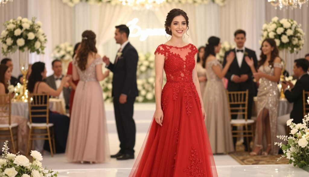 A graceful woman wearing an elegant red dress stands in a beautifully decorated wedding venue. The dress has intricate lace details and flows softly to the ground, enhancing the festive atmosphere. She is smiling brightly, embodying joy and confidence. The middle ground features guests mingling, adorned in formal attire, celebrating together. The background showcases elegant floral arrangements, soft lights, and a romantic ambiance that captures the essence of a wedding celebration. The scene is lit with warm, soft lighting that creates a dreamy atmosphere, evoking a feeling of joy and festivity. The image is captured at eye-level with a shallow depth of field, emphasizing the woman in the foreground while softly blurring the guests and decorations behind her.