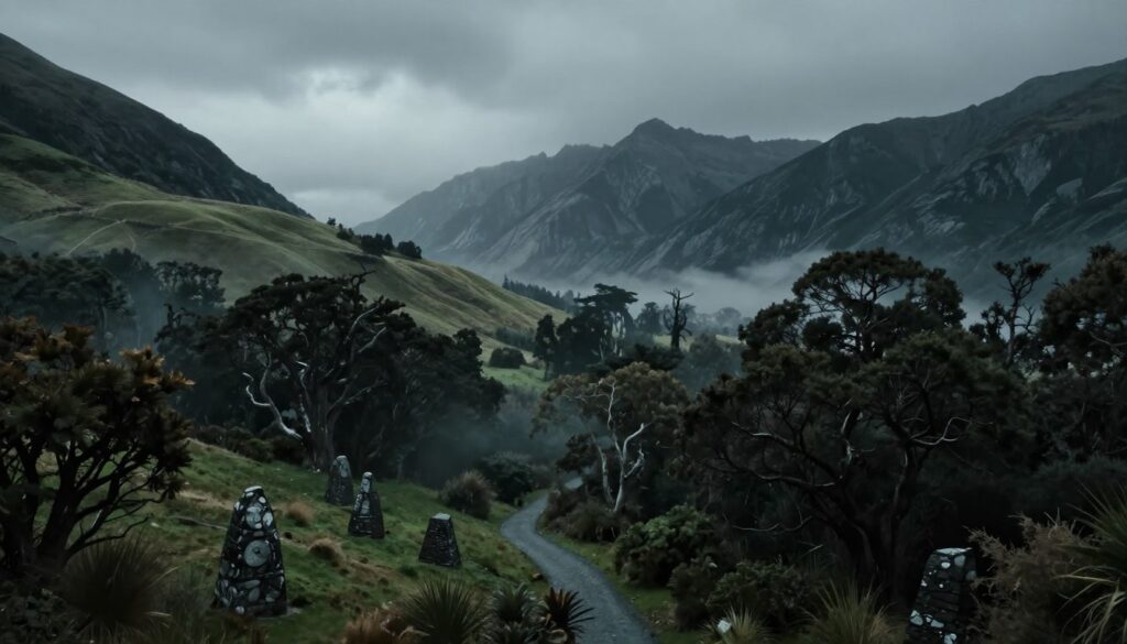 A hauntingly atmospheric landscape of New Zealand, showcasing its lush, rolling hills and dramatic mountains under a moody, overcast sky. In the foreground, a mist-laden forest with twisted trees and eerie shadows sets a suspenseful tone. Scattered old stone structures, reminiscent of ancient rituals, hint at the mysterious past, blending seamlessly with the wild nature. In the middle ground, a dimly lit path winds through the trees, guiding the viewer's eye deeper into the scene, evoking a sense of curiosity and unease. The background features the rugged silhouette of the Southern Alps, adding a sense of grandeur and isolation. The image is infused with a cool color palette and low-light conditions, enhancing the eerie, suspenseful atmosphere suitable for a horror film production theme.