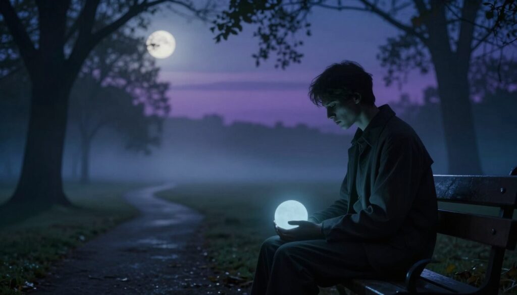 A hauntingly beautiful scene depicting the concept of death and the presence of a deceased brother in a dream. In the foreground, a shadowy figure resembling a man in modest, respectful clothing sits on a park bench, looking thoughtfully at a softly glowing orb or a subtle, ethereal light. The middle ground features a serene landscape with misty trees and a dimly lit pathway leading toward an ambiguous horizon. The background fades into a twilight sky, where deep blues and purples mingle, creating a dreamlike atmosphere. Soft rays of moonlight filter through the trees, casting gentle shadows. The overall mood is contemplative and melancholic, inviting reflection on the symbolism of death and memories of lost loved ones. Use a cinematic angle and soft focus to enhance the emotional depth of the image. A hauntingly beautiful scene depicting the concept of death and the presence of a deceased brother in a dream. In the foreground, a shadowy figure resembling a man in modest, respectful clothing sits on a park bench, looking thoughtfully at a softly glowing orb or a subtle, ethereal light. The middle ground features a serene landscape with misty trees and a dimly lit pathway leading toward an ambiguous horizon. The background fades into a twilight sky, where deep blues and purples mingle, creating a dreamlike atmosphere. Soft rays of moonlight filter through the trees, casting gentle shadows. The overall mood is contemplative and melancholic, inviting reflection on the symbolism of death and memories of lost loved ones. Use a cinematic angle and soft focus to enhance the emotional depth of the image.