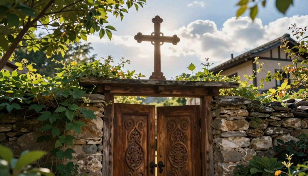 A historical wooden door with intricate carvings, prominently displaying a traditional cross positioned above the entrance. In the foreground, the aged door is framed by the lush greenery of a small garden, with soft sunlight filtering through the leaves, casting gentle shadows. The cross is crafted from dark wood, adorned with subtle ornate details, symbolizing protection and spirituality. In the middle ground, a rustic stone wall partially reveals a traditional home, hinting at its historical roots. The background features a serene blue sky with fluffy white clouds, enhancing a cozy and inviting atmosphere. Capture this scene with warm, natural lighting as if it's early morning, emphasizing the ethereal glow around the cross, evoking a sense of peace and heritage. A historical wooden door with intricate carvings, prominently displaying a traditional cross positioned above the entrance. In the foreground, the aged door is framed by the lush greenery of a small garden, with soft sunlight filtering through the leaves, casting gentle shadows. The cross is crafted from dark wood, adorned with subtle ornate details, symbolizing protection and spirituality. In the middle ground, a rustic stone wall partially reveals a traditional home, hinting at its historical roots. The background features a serene blue sky with fluffy white clouds, enhancing a cozy and inviting atmosphere. Capture this scene with warm, natural lighting as if it's early morning, emphasizing the ethereal glow around the cross, evoking a sense of peace and heritage.