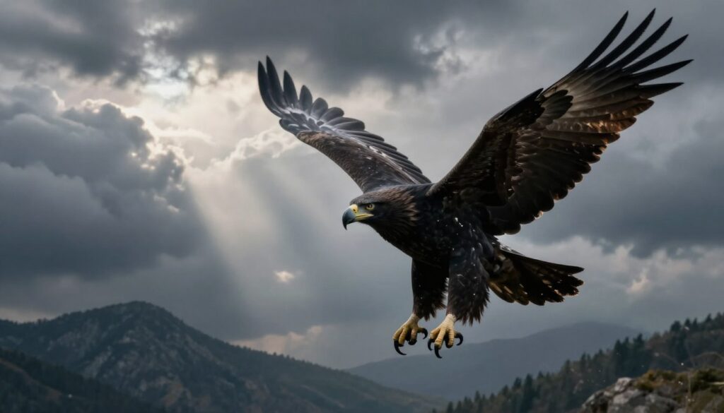 A majestic black eagle, representing strength and resilience, poised in mid-flight against a backdrop of stormy skies, symbolizing the tumultuous future of Poland and Europe. The eagle's sharp talons and beak are highlighted, drawing attention to its fierce demeanor. In the middle ground, wisps of dark clouds swirl, adding a sense of urgency and impending change. The background features distant shadowy mountains, evoking a sense of depth and mystery. Soft, diffused lighting pierces through the clouds, casting dramatic shadows that enhance the mood of foreboding yet hope. Capture the essence of ancient prophecies, with a focus on the eagle as a powerful symbol amidst the turbulent atmosphere, invoking reflection and analysis.