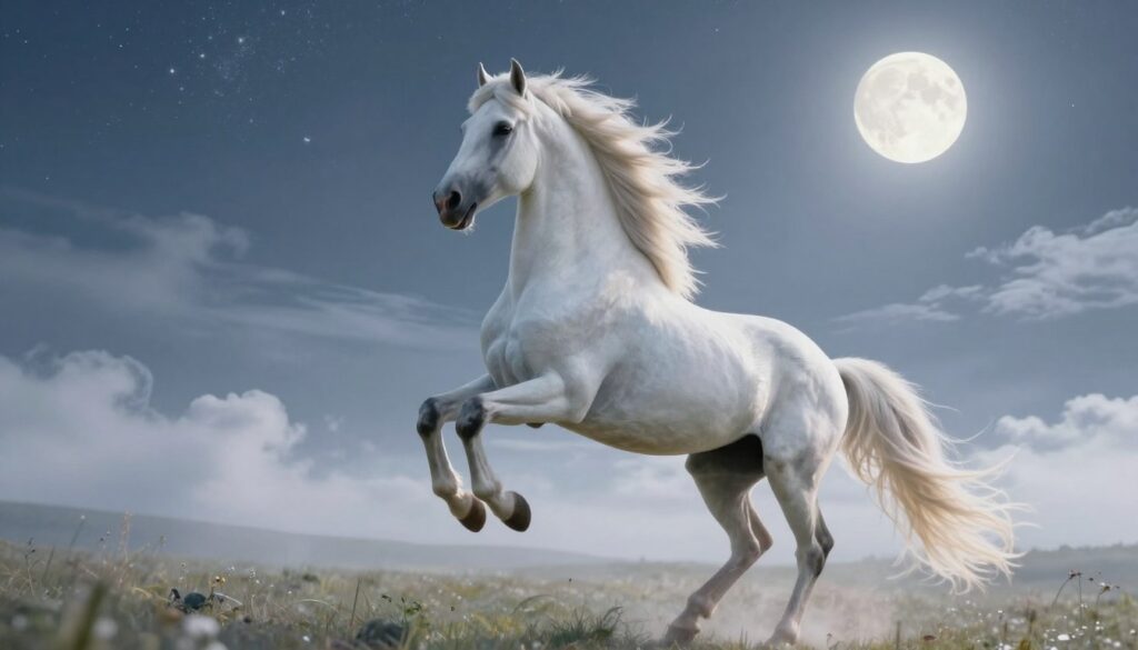 A majestic white horse in a dreamlike landscape, elegantly rearing up on its hind legs, showcasing a dynamic movement that exudes freedom and grace. The foreground features the horse with its flowing mane catching the ethereal glow of moonlight, highlighting its muscular form. In the middle ground, soft, wispy clouds swirl around the horse, enhancing the dreamlike quality of the scene. The background presents a serene night sky filled with stars, casting a gentle, silvery light on a tranquil meadow. The atmosphere is magical and uplifting, evoking feelings of strength and the promise of happiness. Shot from a low angle to emphasize the horse’s magnificence, with soft, diffused lighting creating a serene and enchanting mood.