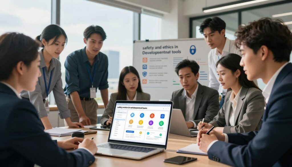 A modern office setting focused on the theme of "safety and ethics in developmental tools." In the foreground, an open laptop displays a dashboard of digital tools with colorful icons representing various developmental resources. Surrounding the laptop, a diverse group of professionals in business attire collaborate, analyzing the data with expressions of concentration and collaboration. The middle ground shows a whiteboard filled with ethical guidelines and symbols of security, like padlocks and shields. In the background, through a large window, a cityscape is visible under a bright, clear sky, symbolizing growth and opportunity. The lighting is warm and inviting, creating a sense of optimism and focus, while maintaining a balanced and professional atmosphere.