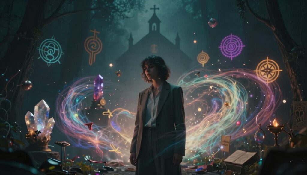 A moody, atmospheric scene representing the spiritual dangers of New Age affirmations. In the foreground, a figure in modest, professional attire stands with a contemplative expression, surrounded by swirling, ethereal energy that symbolizes conflicting beliefs. The middle ground features various symbols associated with New Age practices, such as crystals, chakras, and affirmations, shrouded in a dim light that gives a sense of unease. In the background, shadowy silhouettes of a church and traditional religious symbols subtly emerge, contrasting with the vibrant, chaotic colors of the New Age elements. The overall lighting is dramatic, with chiaroscuro effects enhancing the emotional tension, and the angle is slightly tilted to evoke a sense of disorientation and uncertainty in the viewer.