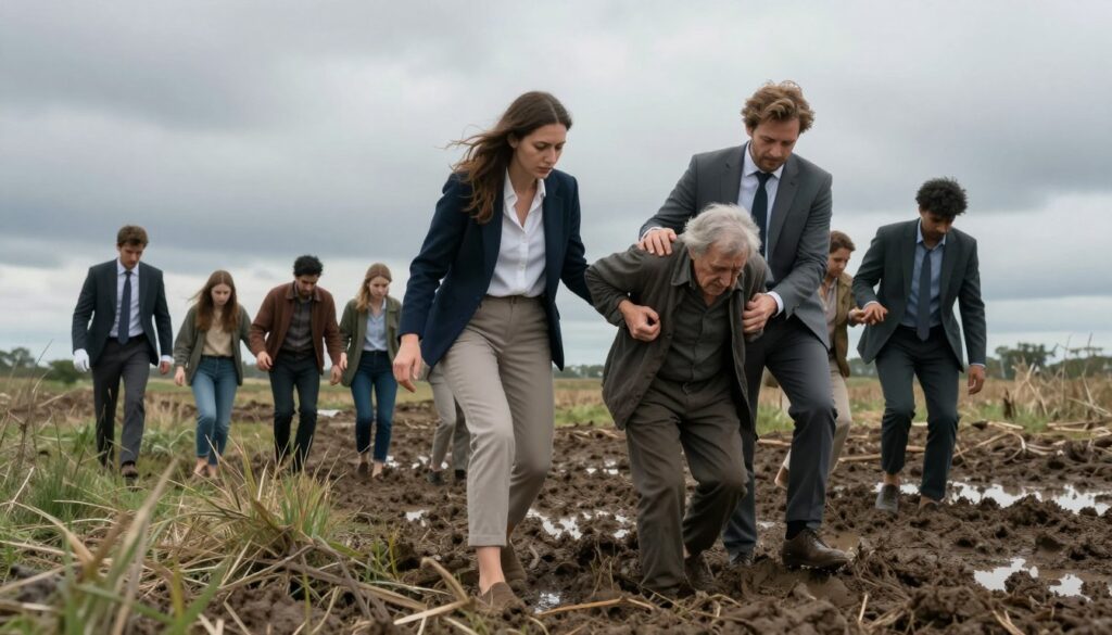 A muddy landscape serves as the backdrop for a group of diverse individuals navigating challenges together. In the foreground, a woman in smart casual attire and a man in business attire work collaboratively to help an elderly person, who looks overwhelmed, traverse the slippery mud. Their expressions reflect determination and compassion. In the middle ground, patches of mud are interspersed with wilting grass, hinting at the chaos and obstacles inherent in relationships. The background features heavy, overcast skies, casting a muted, soft light that enhances the somber yet hopeful atmosphere. A low-angle shot emphasizes the harsh terrain while capturing the unity of the figures against the vast, tangled environment. The scene embodies the struggle and support found in human connections amidst adversity. A muddy landscape serves as the backdrop for a group of diverse individuals navigating challenges together. In the foreground, a woman in smart casual attire and a man in business attire work collaboratively to help an elderly person, who looks overwhelmed, traverse the slippery mud. Their expressions reflect determination and compassion. In the middle ground, patches of mud are interspersed with wilting grass, hinting at the chaos and obstacles inherent in relationships. The background features heavy, overcast skies, casting a muted, soft light that enhances the somber yet hopeful atmosphere. A low-angle shot emphasizes the harsh terrain while capturing the unity of the figures against the vast, tangled environment. The scene embodies the struggle and support found in human connections amidst adversity.